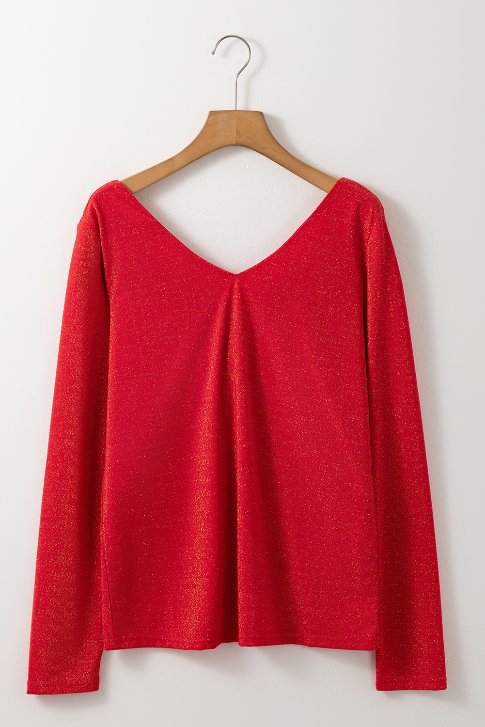 Red Metallic Bowknot Open Back V Neck Top