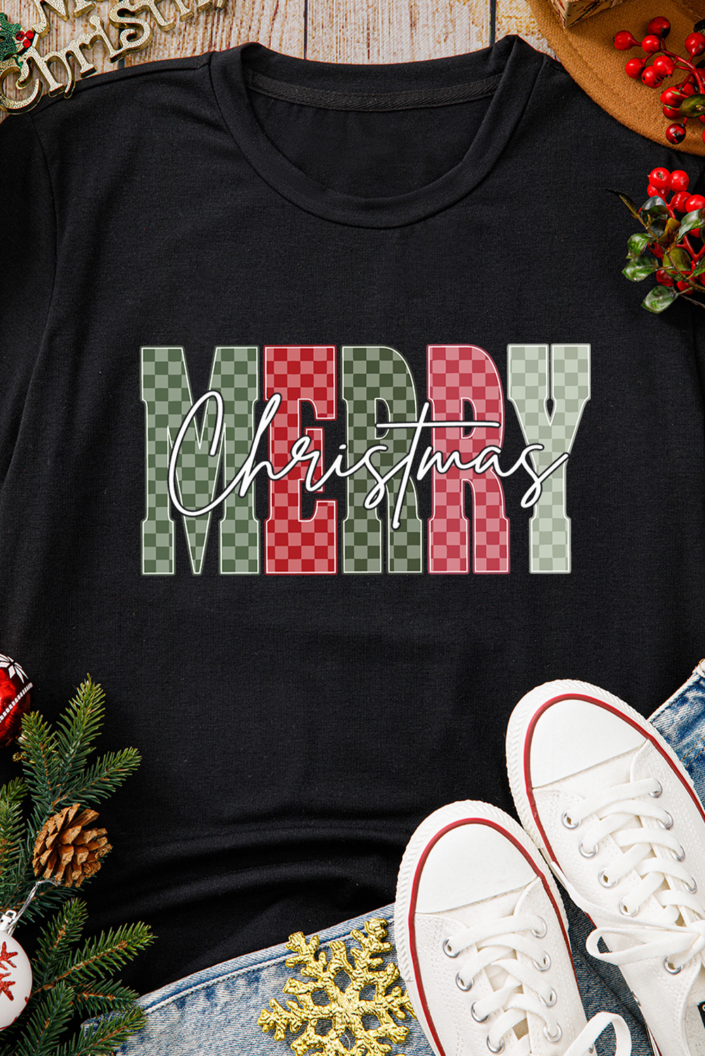 Black Plaid Checkered MERRY Christmas Graphic Crew Neck Tee