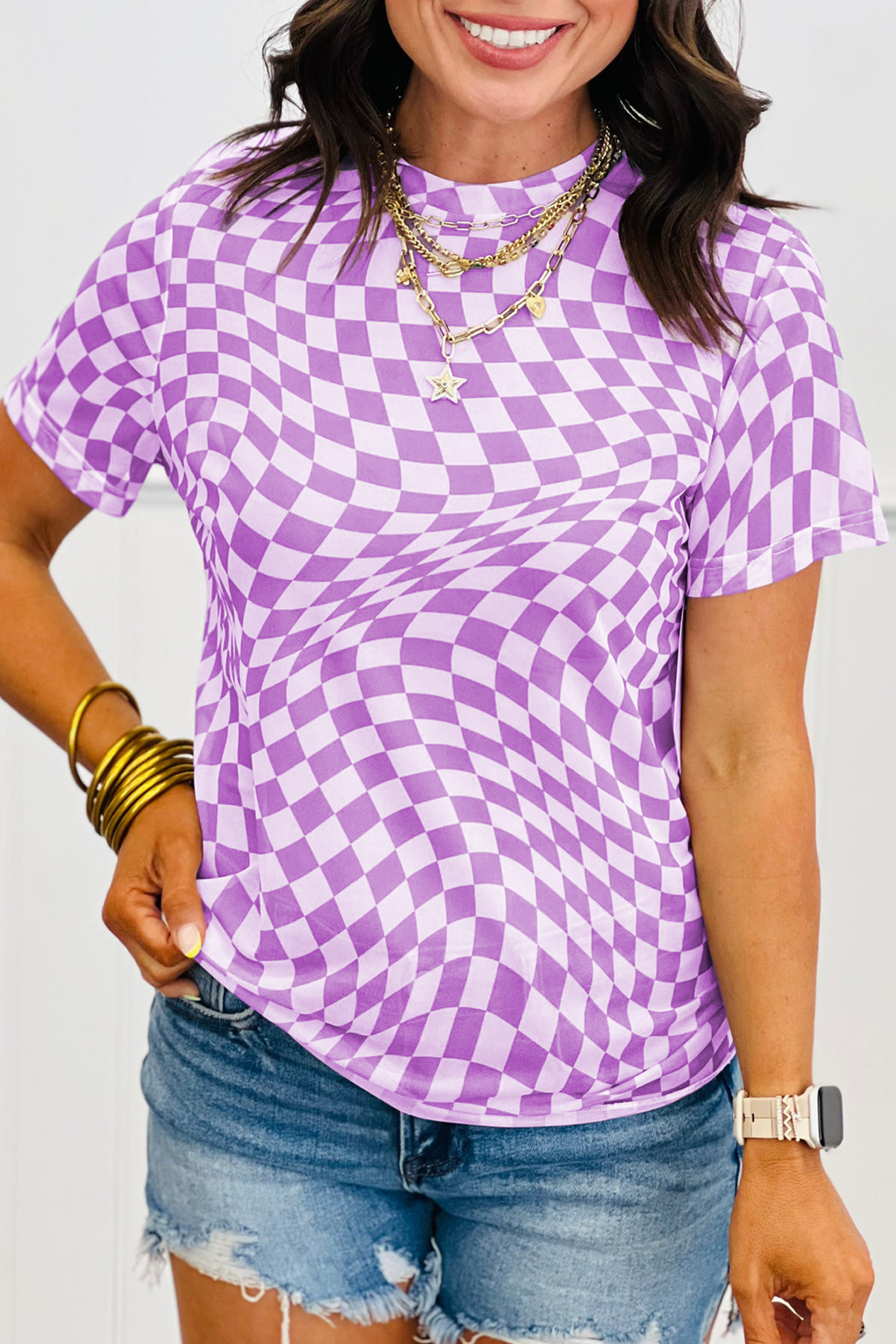 Purple Checkered Print Mock Neck Mesh T Shirt
