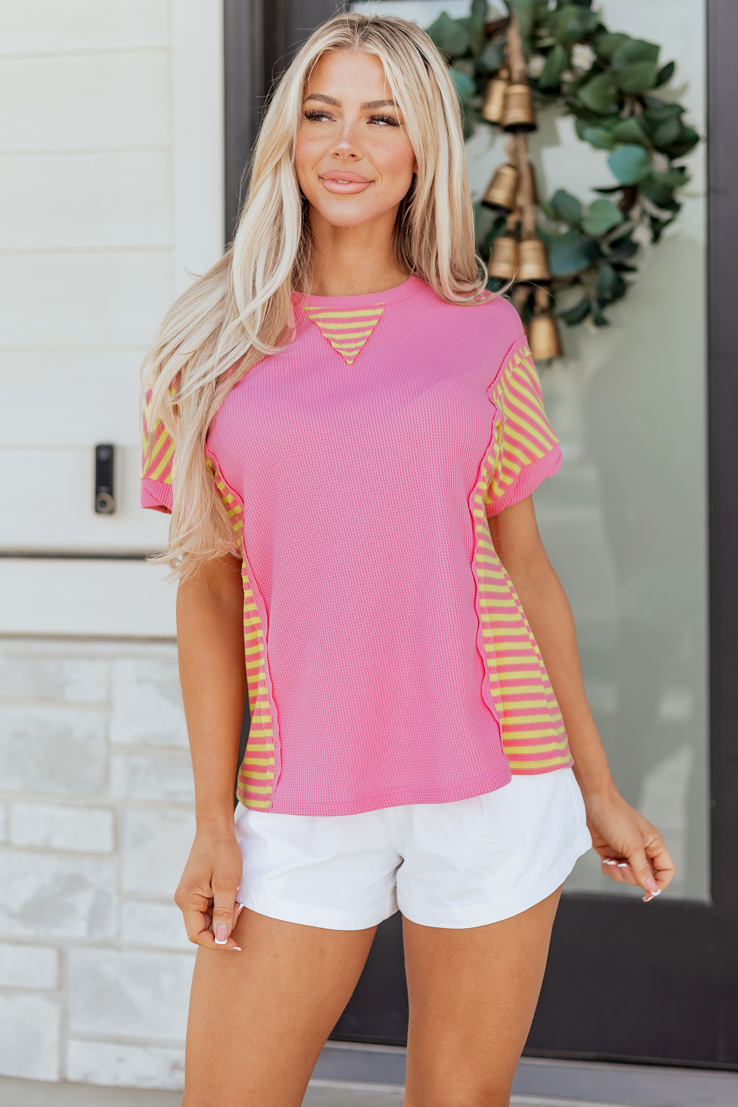 Bright Pink Waffle Textured Contrast Striped Patchwork Loose T Shirt
