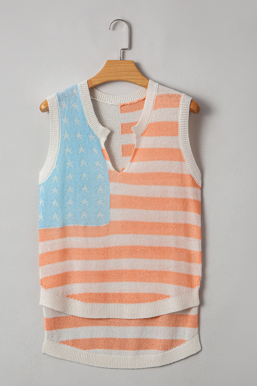 Beige USA Flag Notched Neckline Loose Sweater Vest