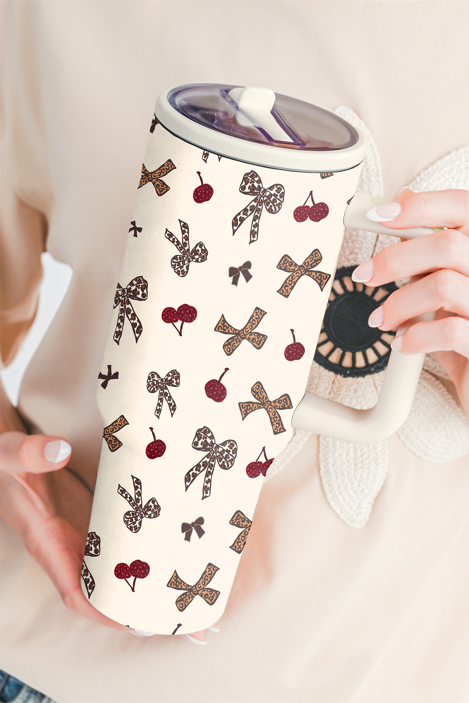 White Leopard Cheery Bow Printed Single Handle Flip Straw Travel Cup