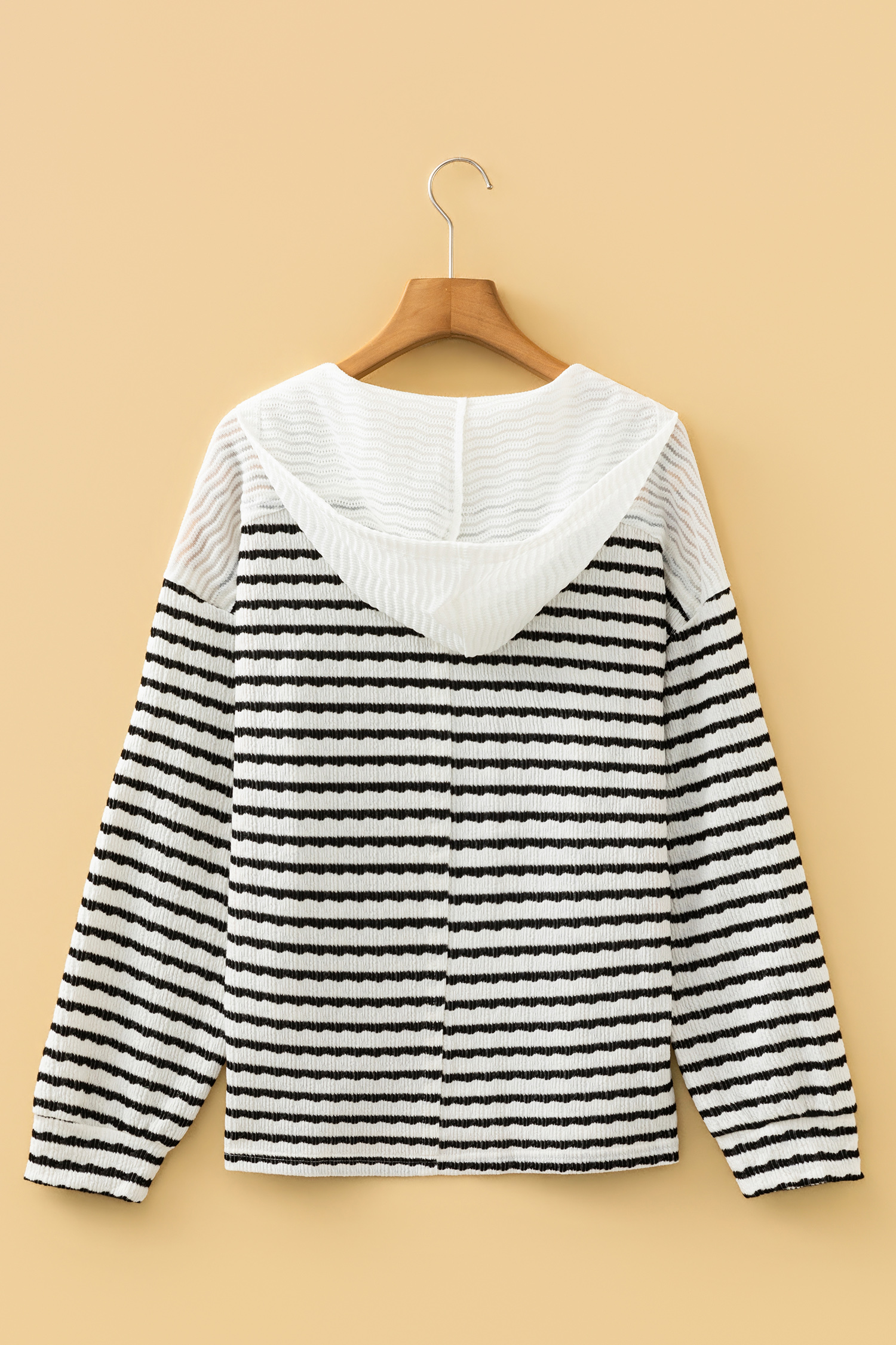 Khaki Stripe Textured Hooded V Neck Casual Long Sleeve Top