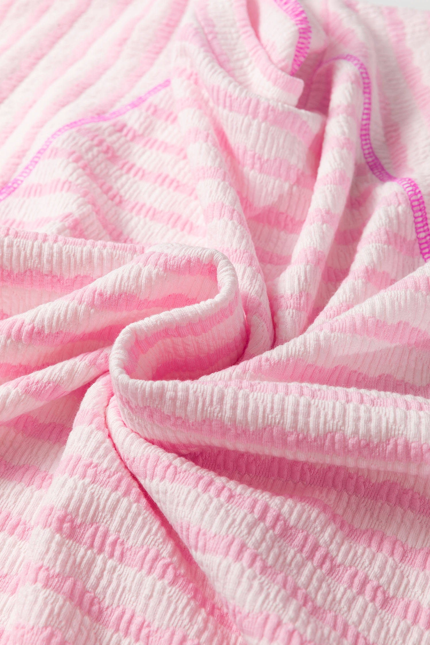 Pink Stripe Textured Knit Split Hem Half Sleeve Loose Top