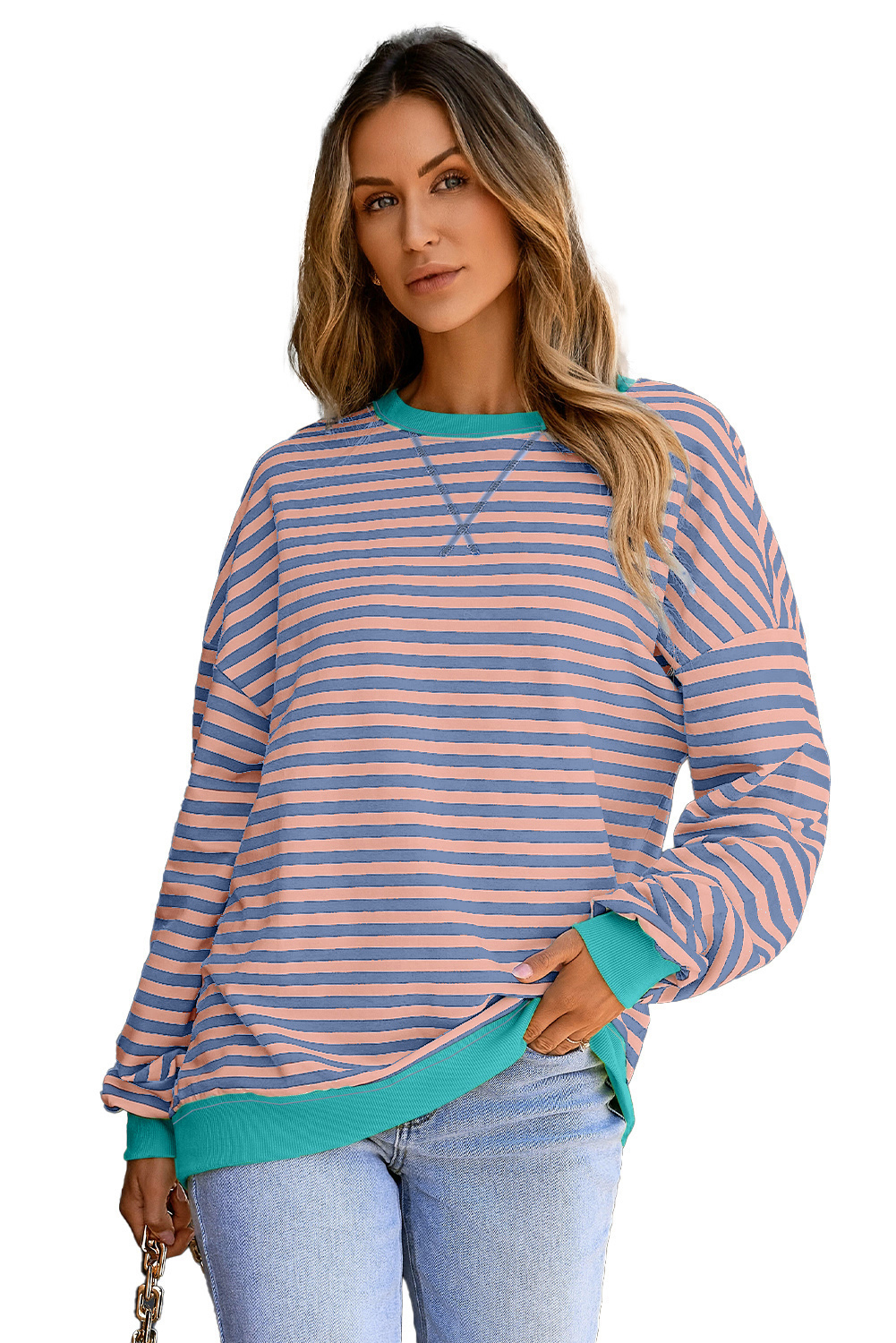 Red Stripe Contrast Ribbed Trim Crossed Stitch Drop Shoulder Sweatshirt