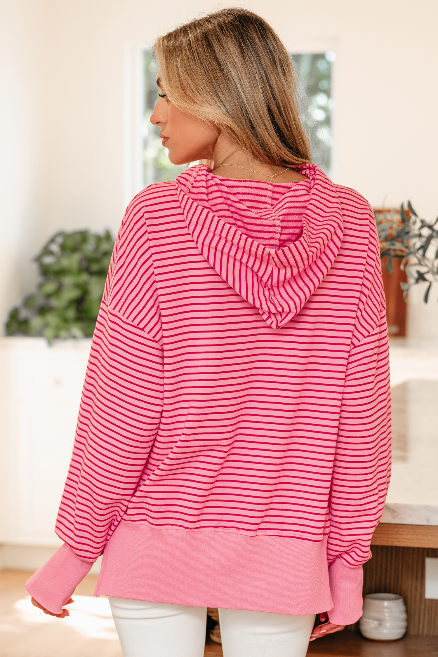 Purple Stripe Thumbhole Side Slits Drop Shoulder Loose Fit Hoodie