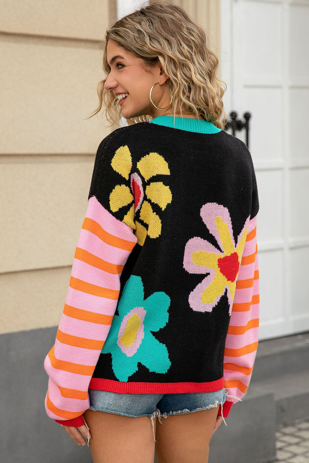 Apricot Cute Flower Pattern Striped Sleeve Sweater