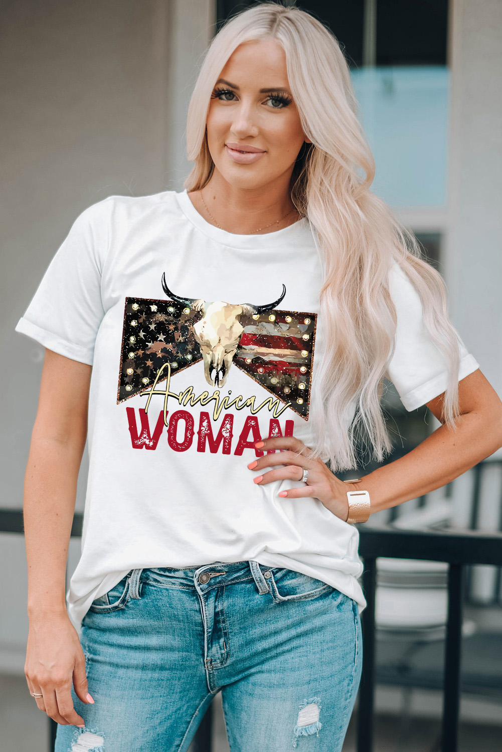 White American Woman Bull Skull Graphic T Shirt