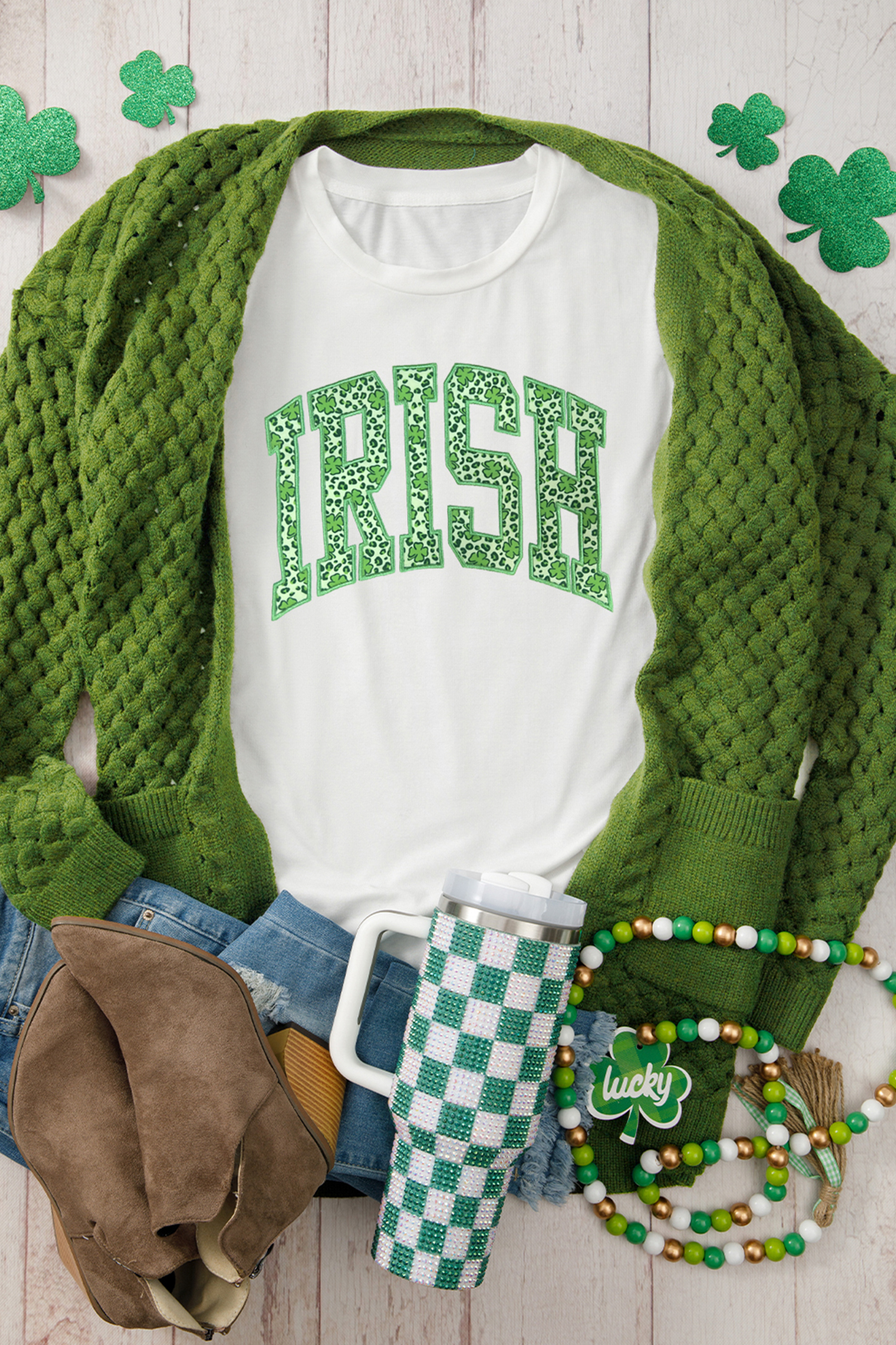 White IRISH Leopard Clover Embroidered Patch Graphic Tee