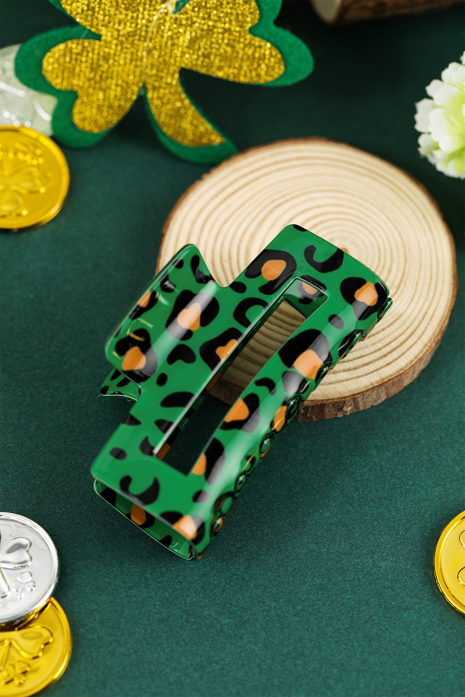 Dark Green Leopard Print Square Hollowed Plastic Hair Claw Clip