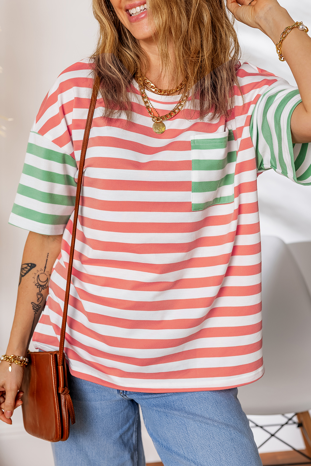 Pink Stripe Drop Shoulder Casual T Shirt