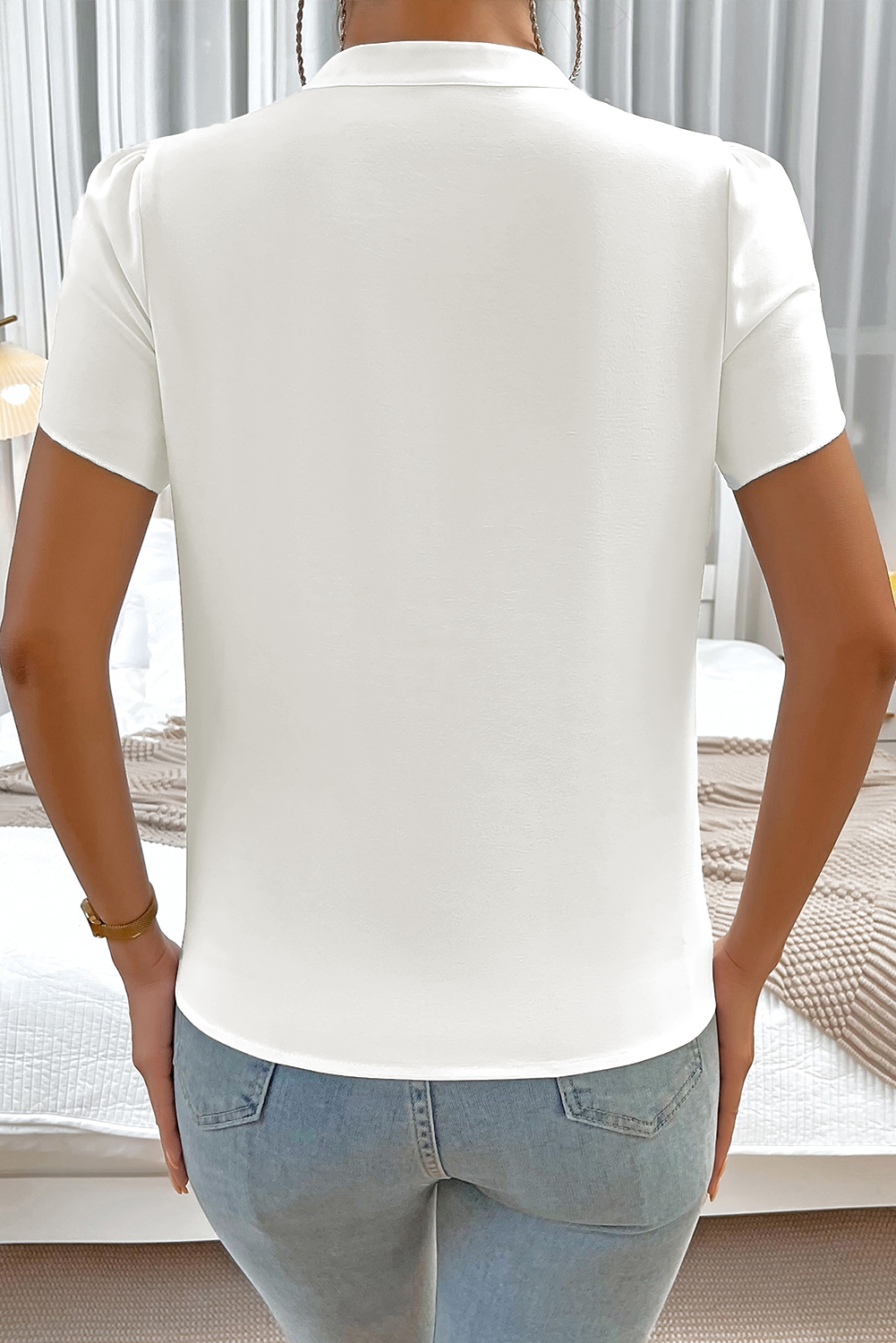 Black Silky Notched Neckline Petal Sleeve Blouse