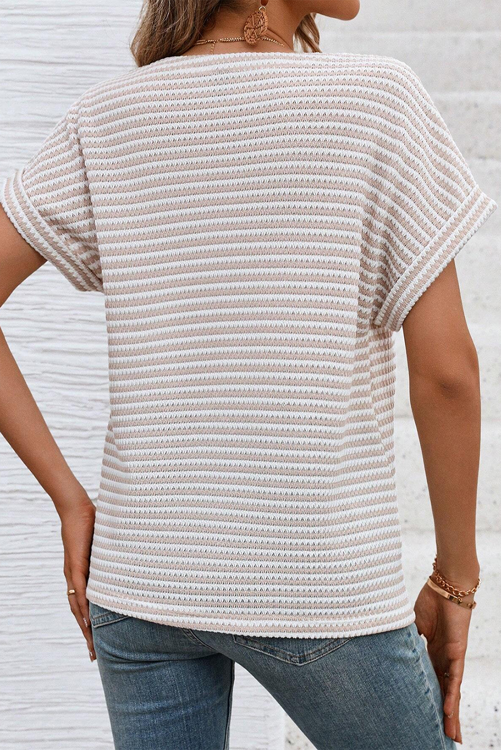 Khaki Stripe Buttoned Front V Neck Knitted T Shirt