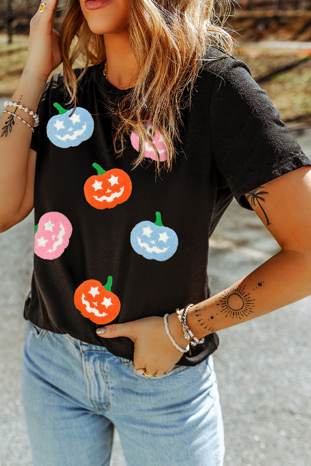 Black Chenille Pumpkin Patched Playful Halloween T Shirt