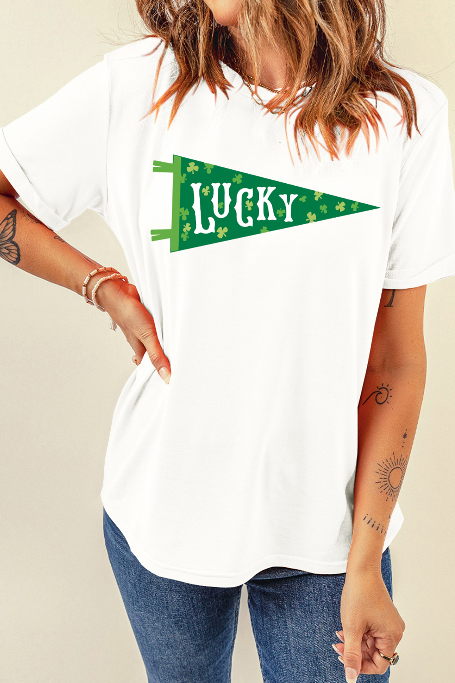 White LUCKY Clover Pennant St Patricks Day T Shirt