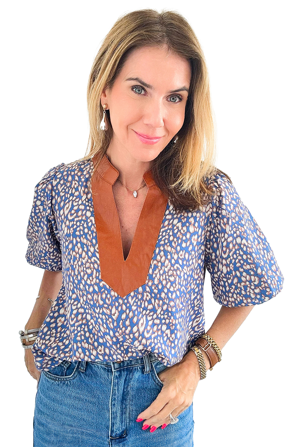 Ashleigh Blue Leopard Print Spot Contrast V Neck Half Puff Sleeve Shirt