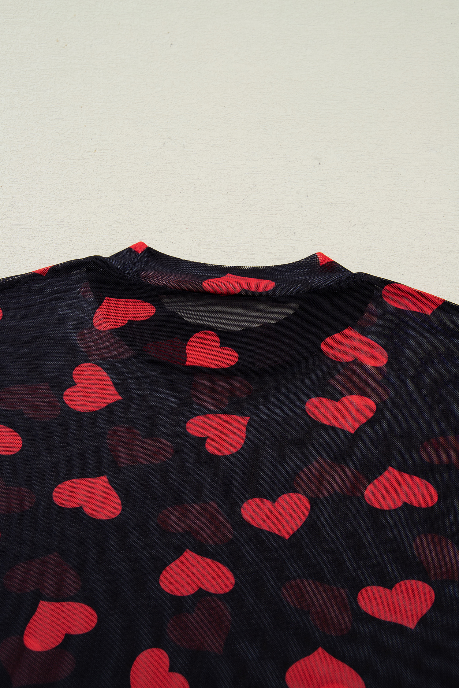 Black Valentines Heart Printed Sheer Mesh Long Sleeve Top