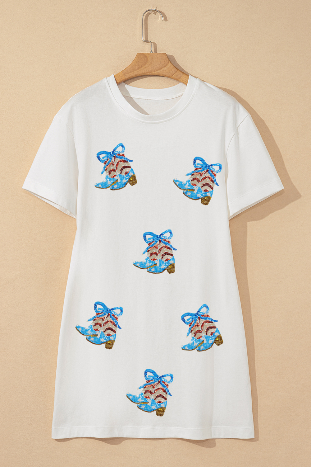 White Bow Patriotic Cowgirl Boots Sequin Patch Shift T Shirt Dress