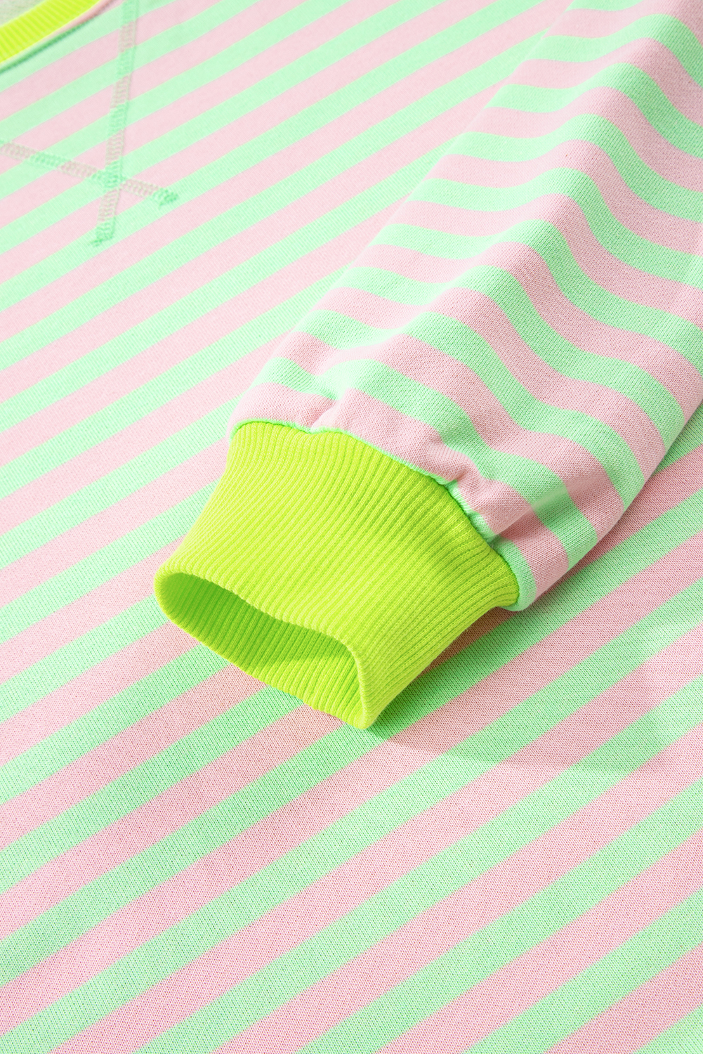 Red Stripe Contrast Ribbed Trim Crossed Stitch Drop Shoulder Sweatshirt