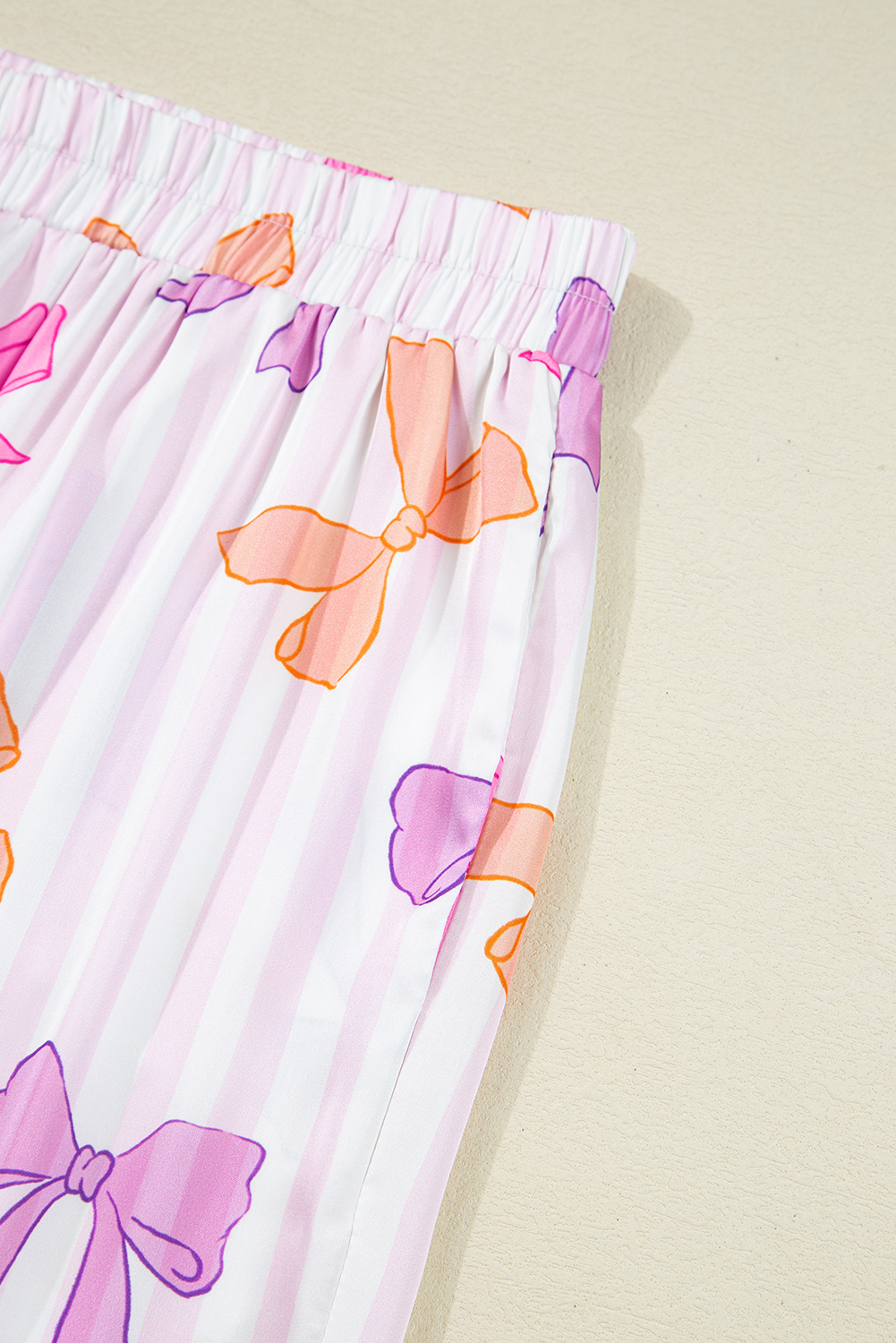 Pink Striped Bow Print Contrast Piping Trim Shirt and Pants 2pcs Pajama Set