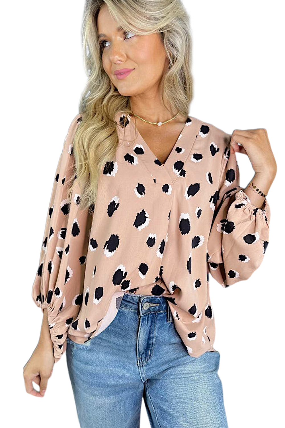 Khaki Classic Leopard V Neck Bracelet Sleeve Blouse
