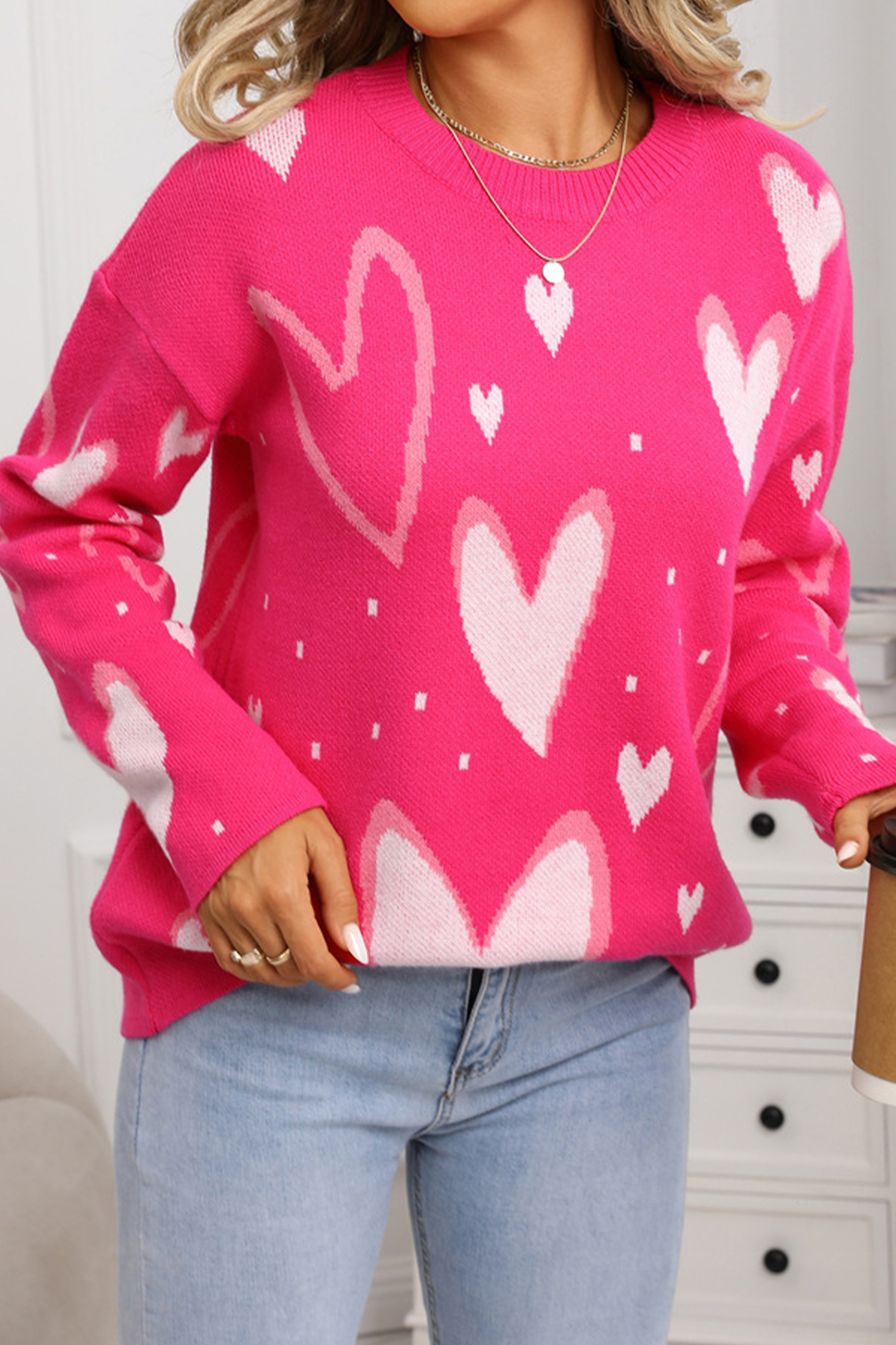 White Splendid Heart Print Valentines Day Sweater