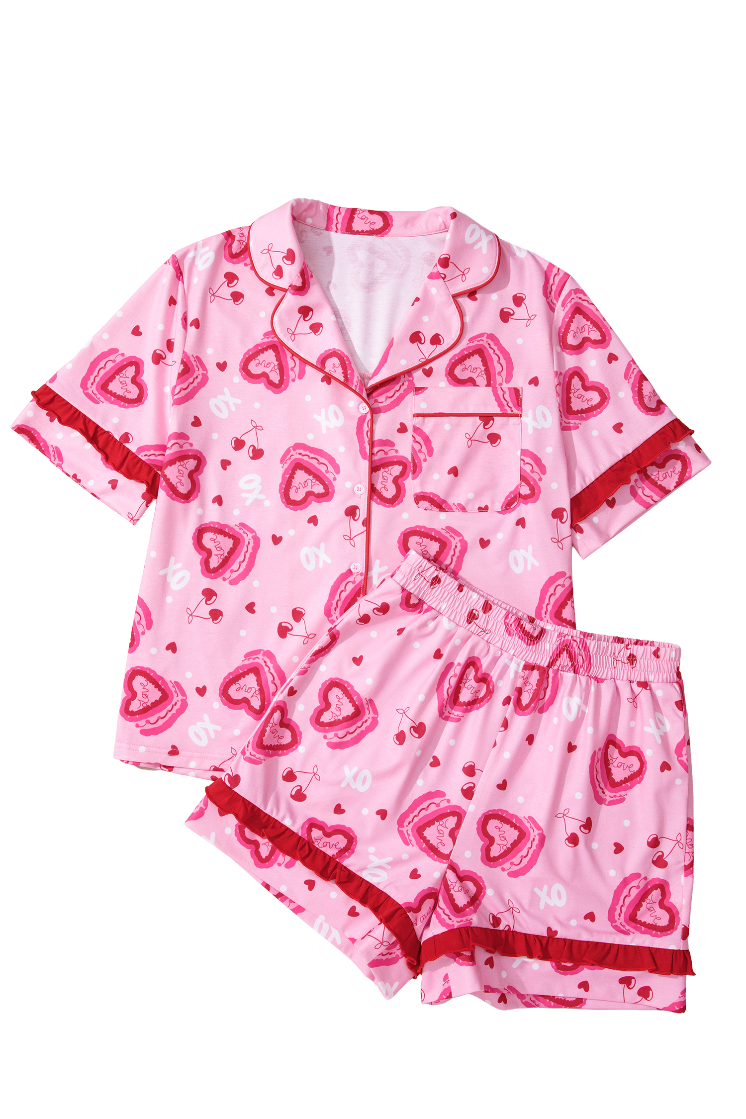 Pink Sweet Heart Cake Print Contrast Ruffle Trim Valentines 2pcs Pajama Set