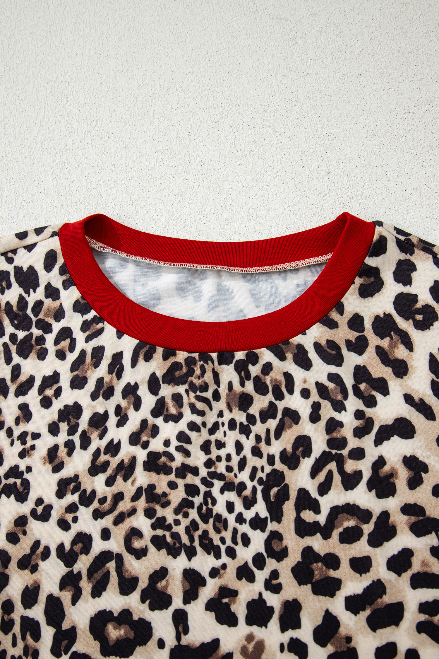 Brown Leopard Print Contrast Trim Round Neck Long Sleeve Top