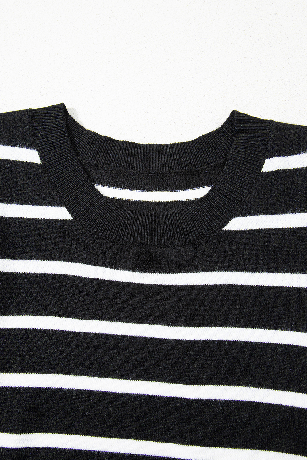 Blue Stripe Ribbed Trim Round Neck Bubble Sleeve Knitted Top