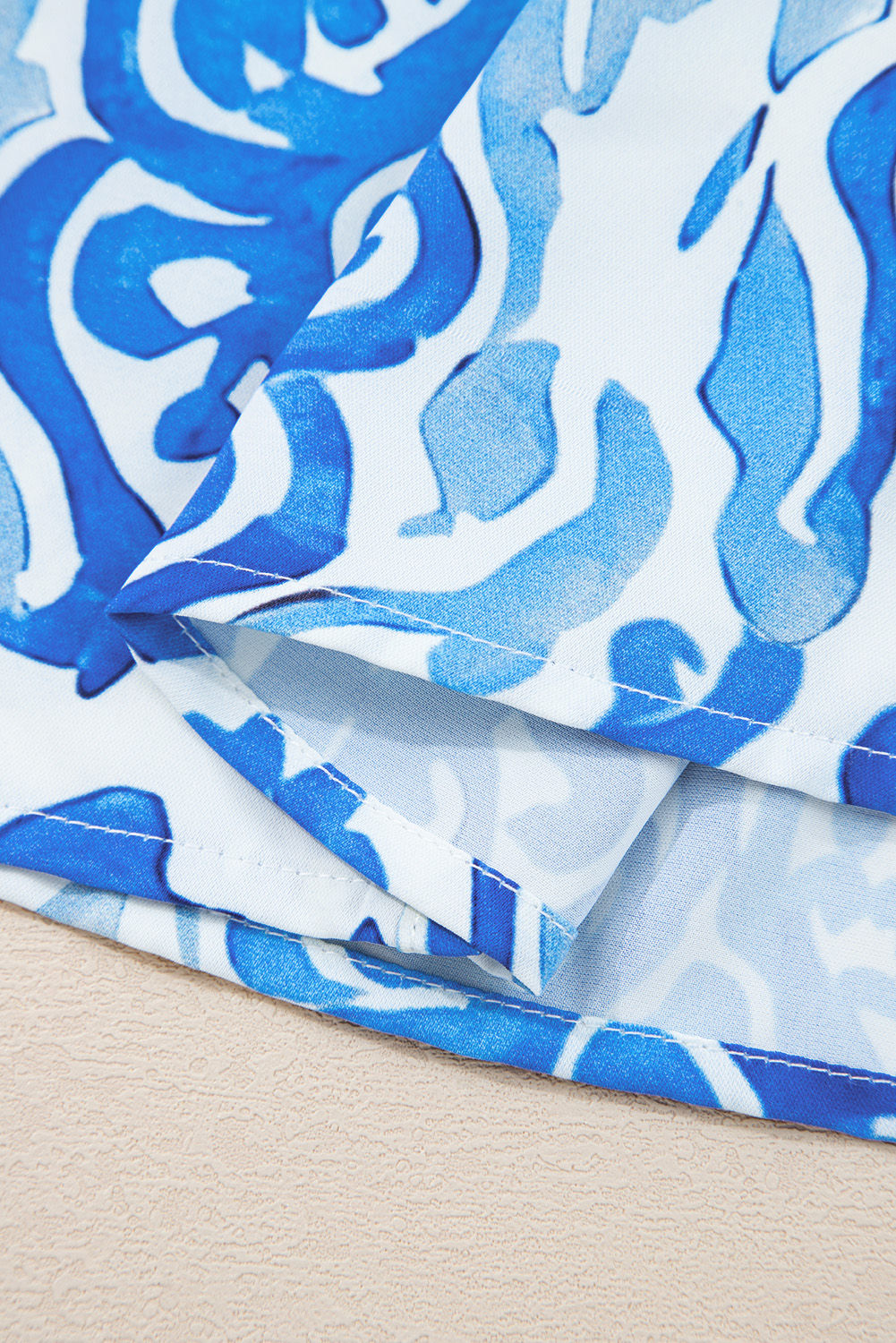 Sky Blue Ethnic Printed Tie Split Neck Button Front Puff Sleeve Shirt