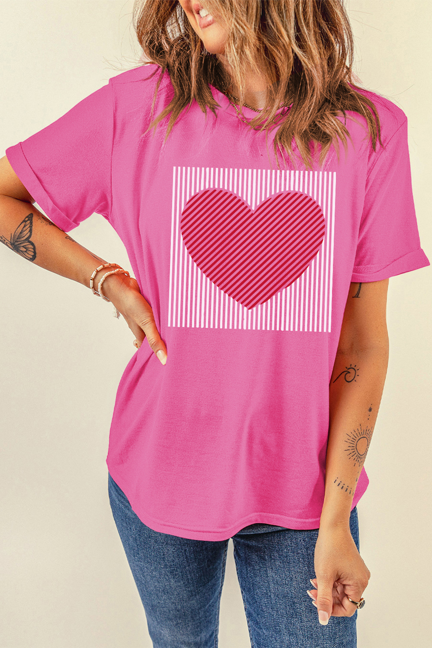 Sachet Pink Contrast Striped Heart Printed Valentines Day T Shirt