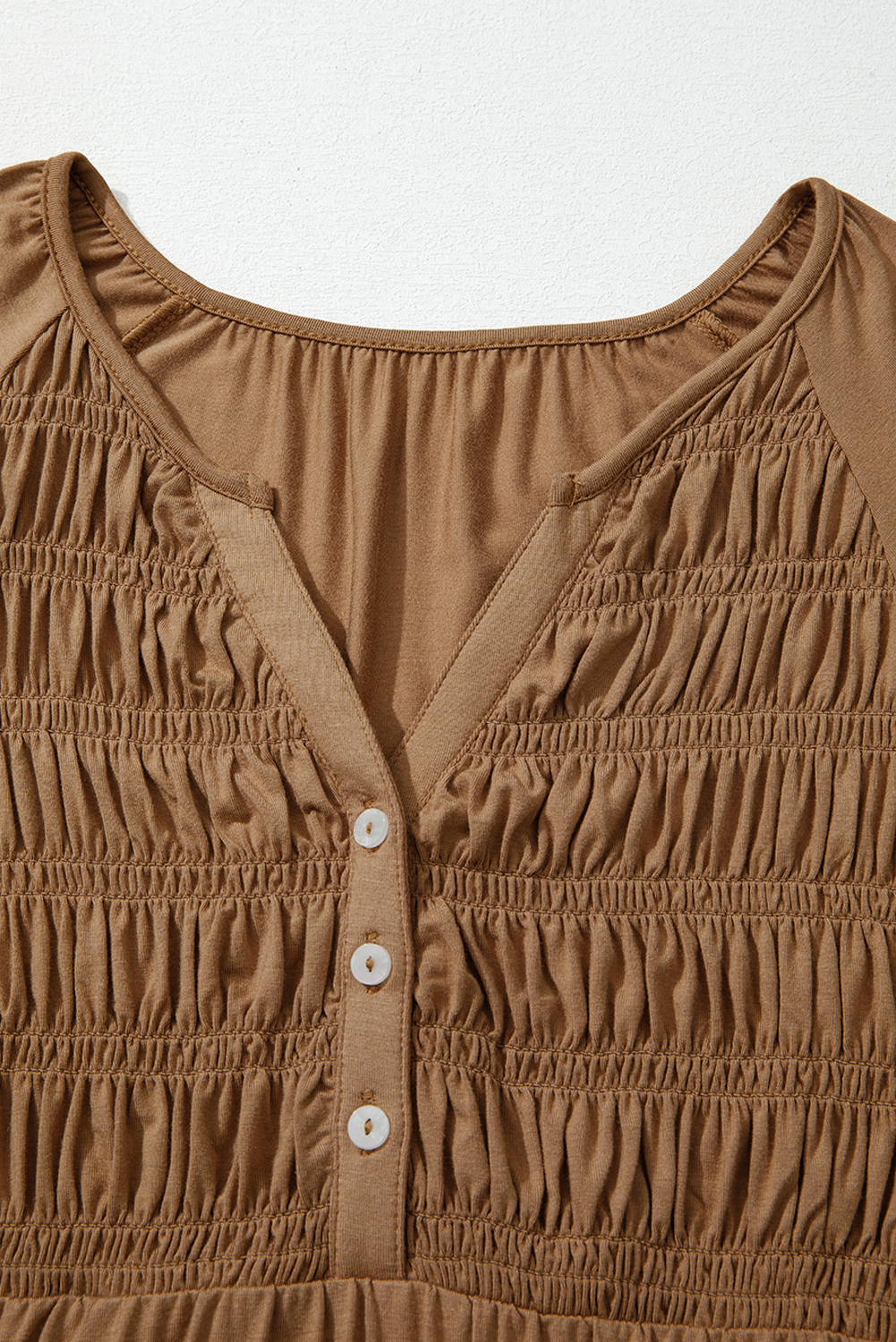 Black Smocked Bust Buttoned Split V Neck Flow Fit Blouse