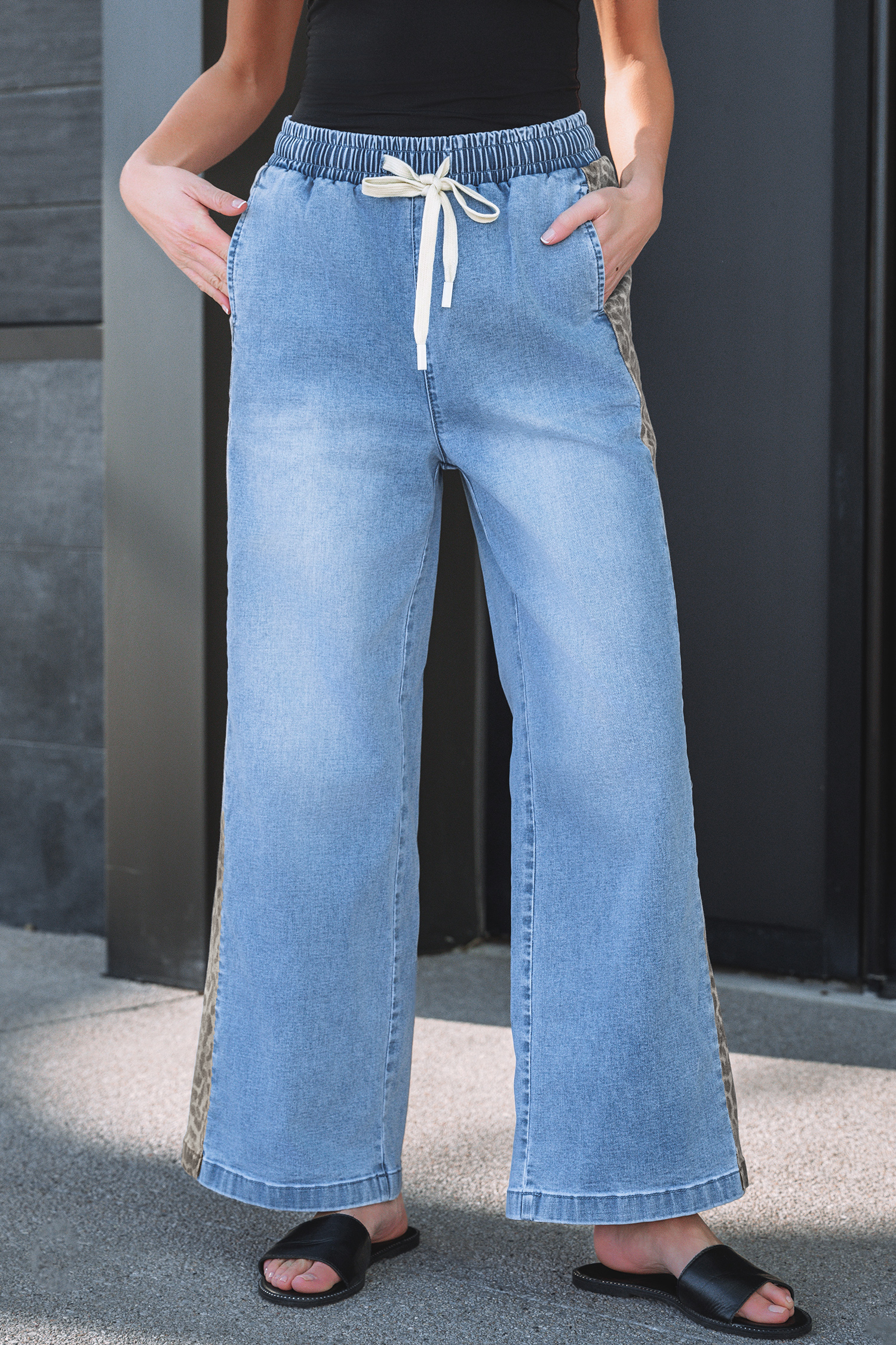Beau Blue Drawstring Elastic Waist Leopard Striped Side Panel Wide Leg Jeans