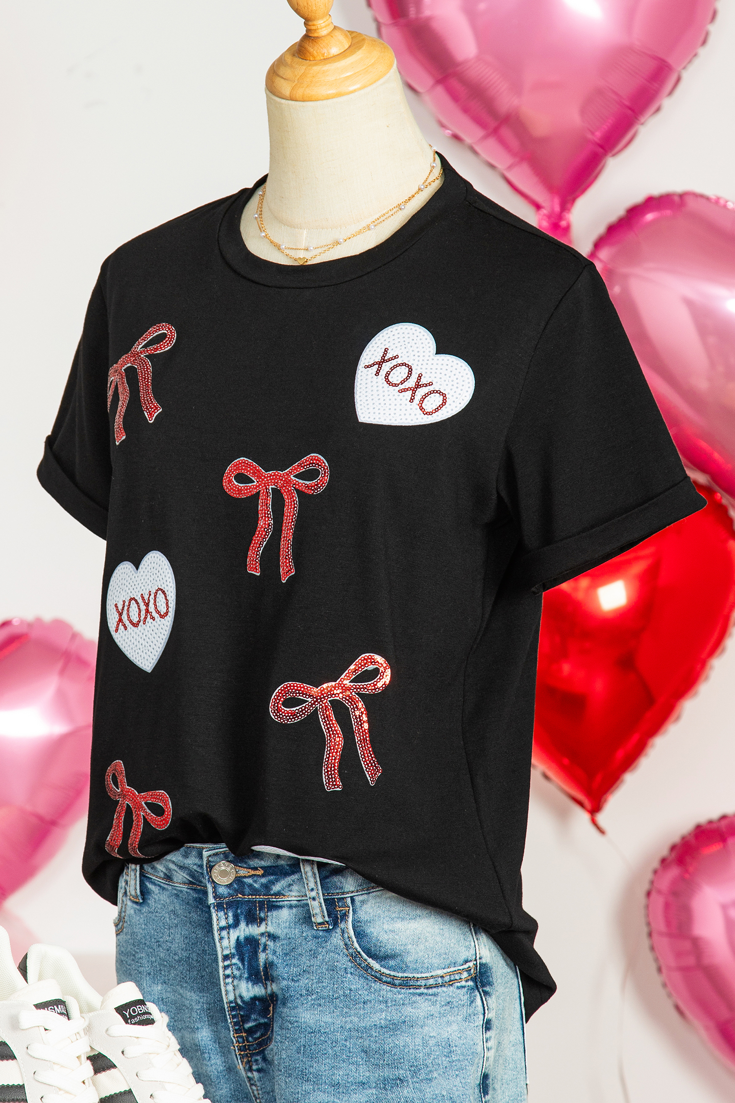 Black Valentines Bow XOXO Heart Sequin Patched Loose T Shirt