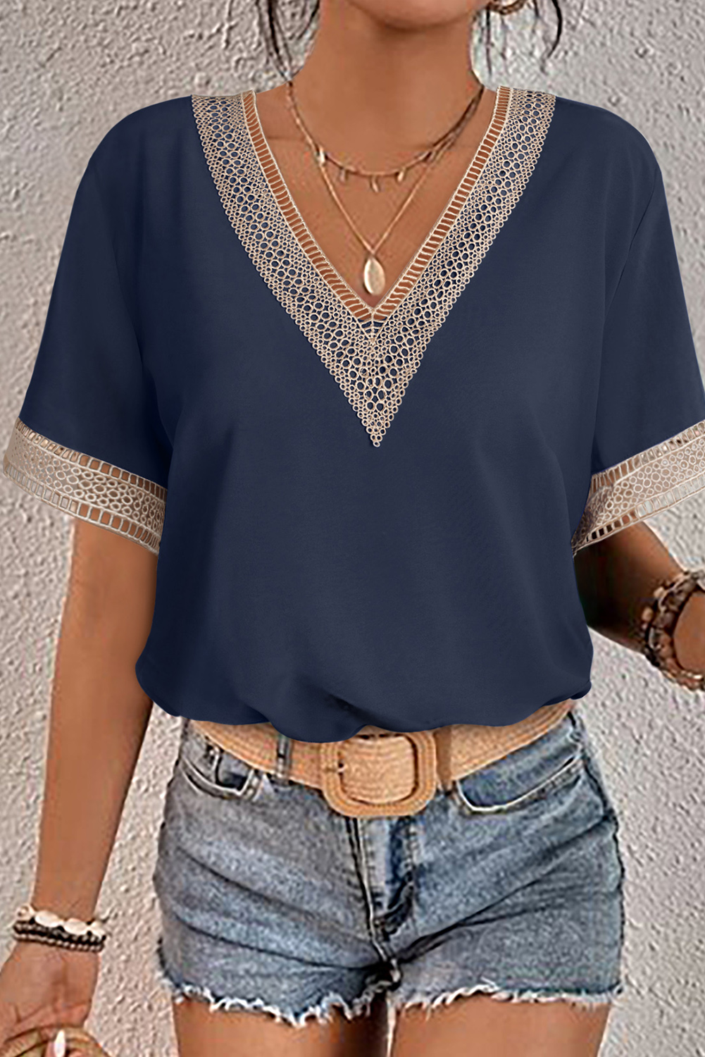 Blue Lace Trim V Neck Short Sleeve Blouse