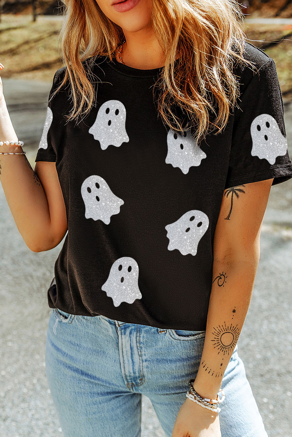 Wisteria Glitter Trim Chenille Ghost Patched Halloween Graphic Tee