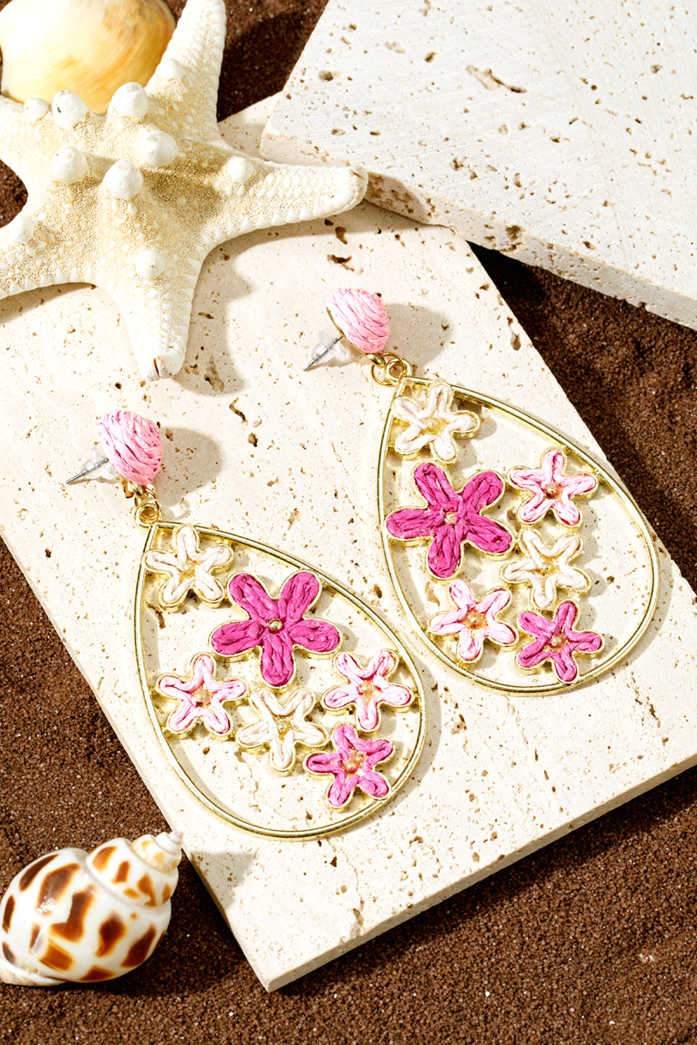 Rose Red Flower Plaited Gold Plated Waterdrop Earrings