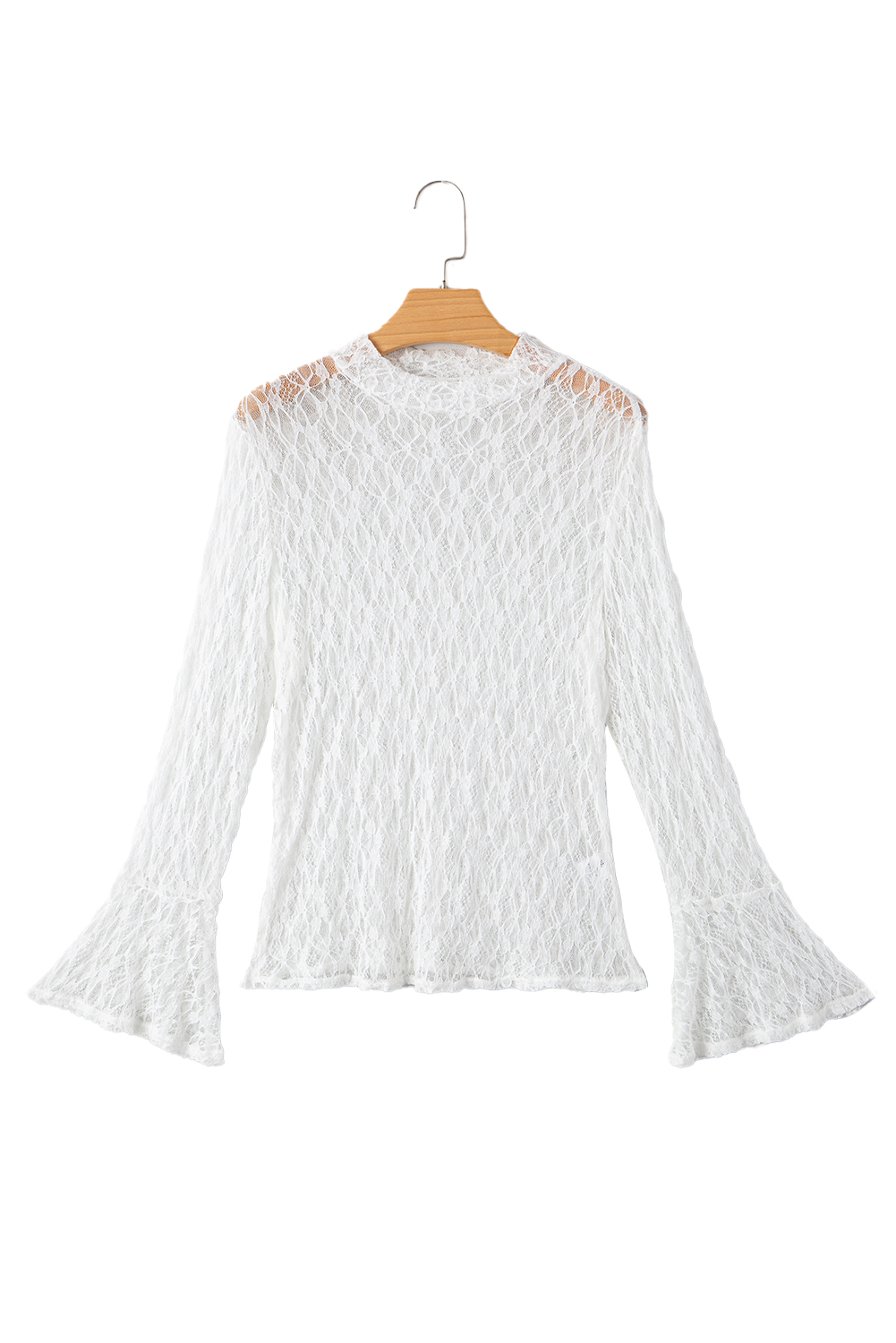 White Sheer Lace Bell Sleeve Mock Neck Blouse