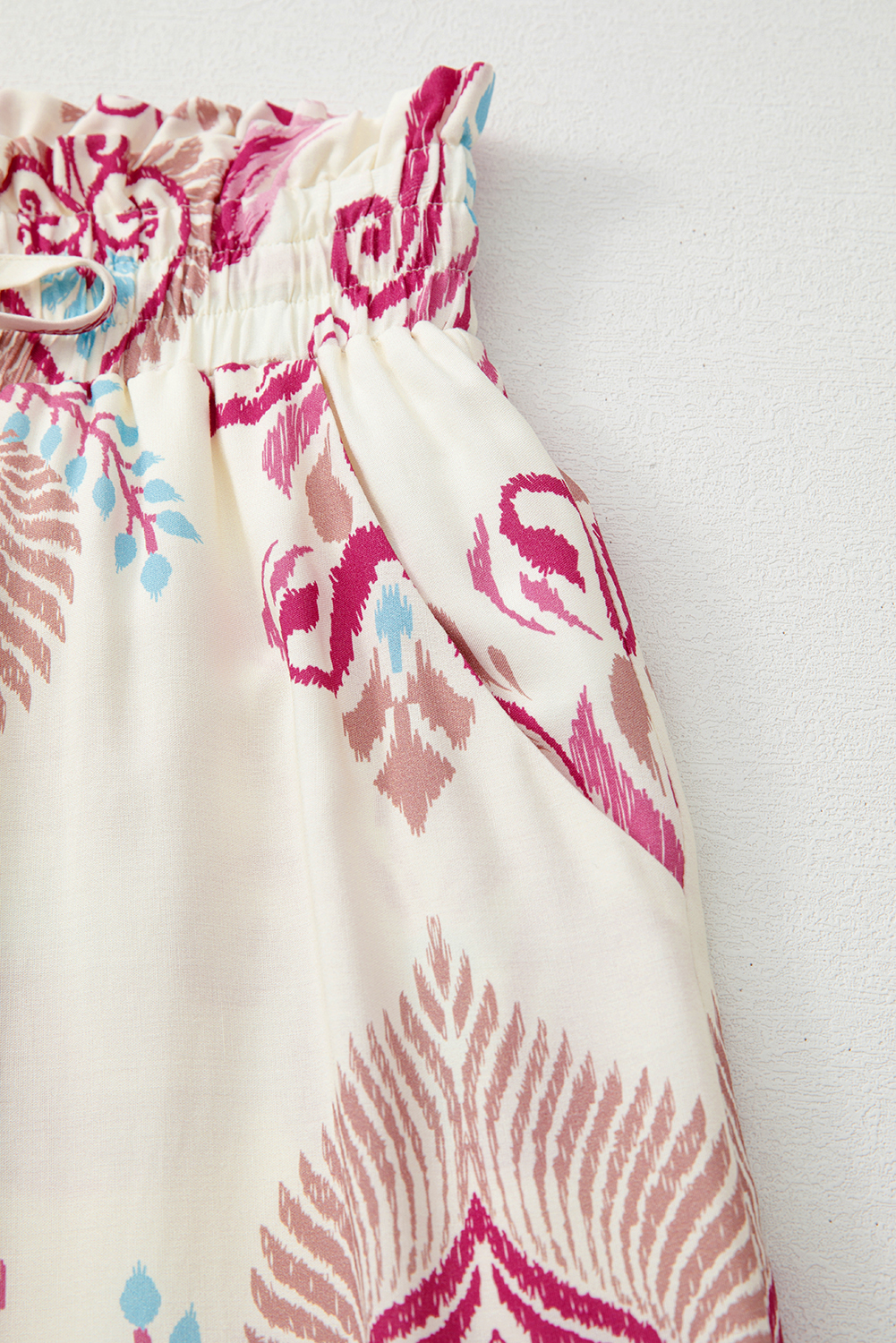 Rose Boho Printed Shirred High Waist Flowy Wide Leg Pants