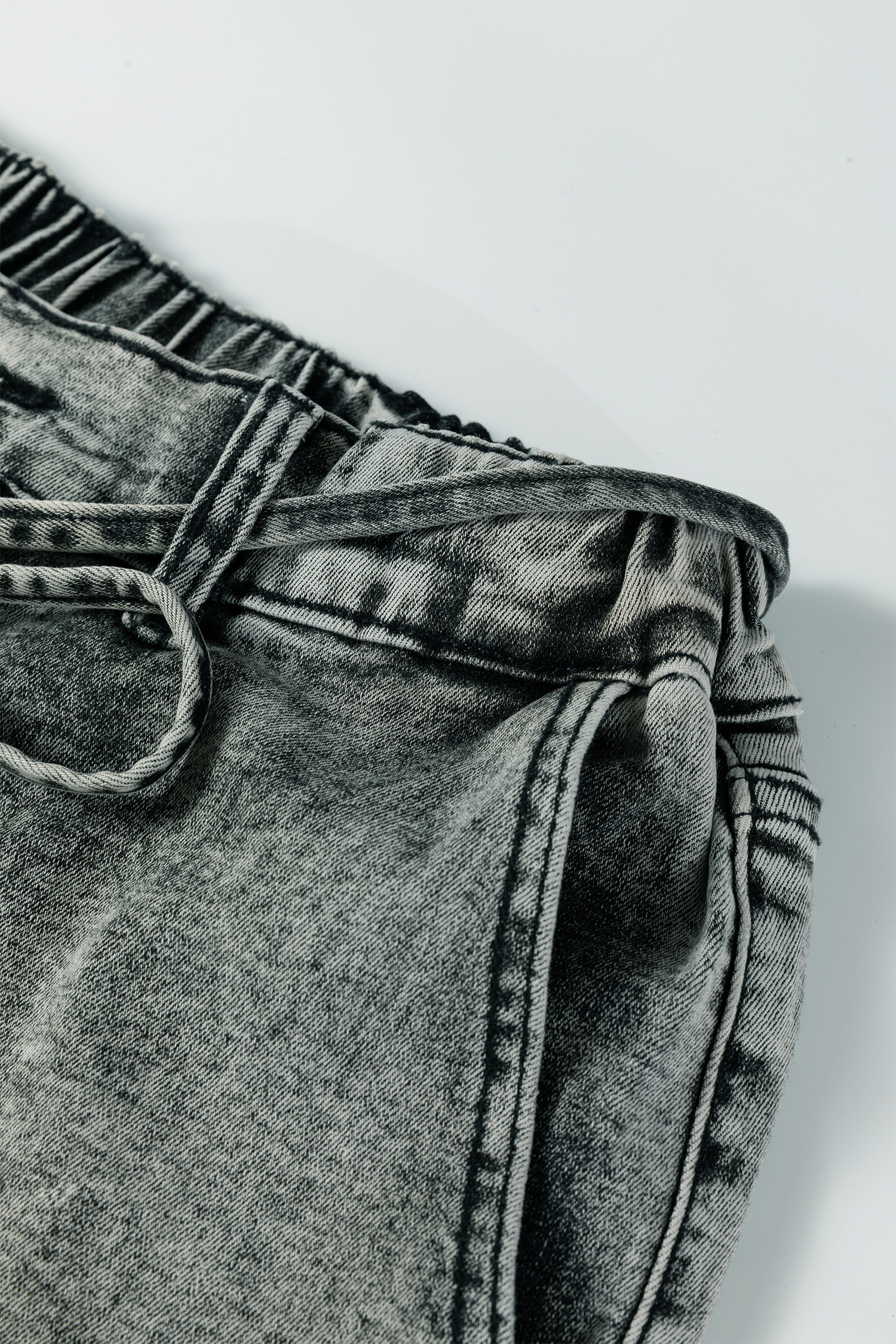 Smoke Gray Acid Wash Barrel Fit Denim Pants with Waist String