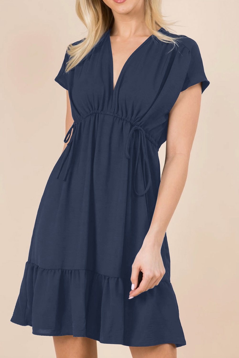 Navy Blue Double Drawstring Detail High Waist V Neck Short Sleeve Mini Dress