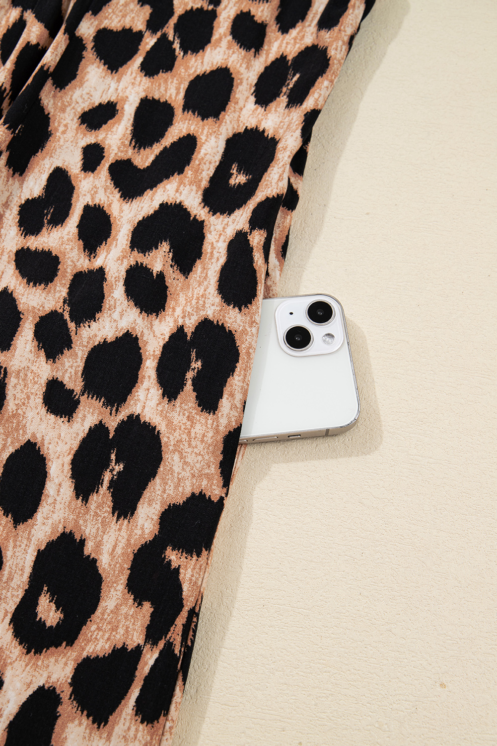 Four Leaf Clover Collared V Neck Smocked Detail Contrast Leopard Trim Bracelet Sleeve Long Dress