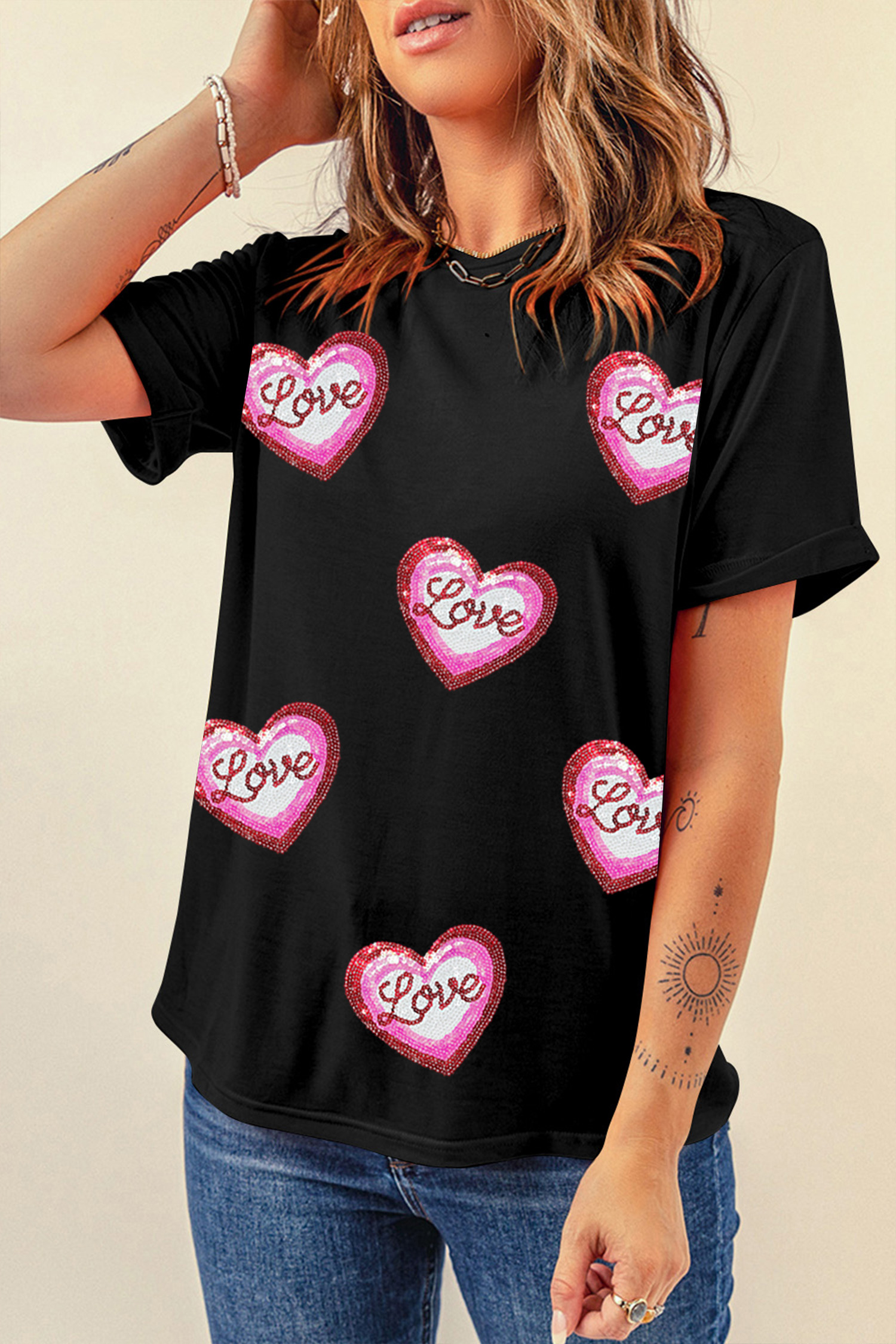 Black Sequin Love Heart Patched Crew Neck Casual Tee