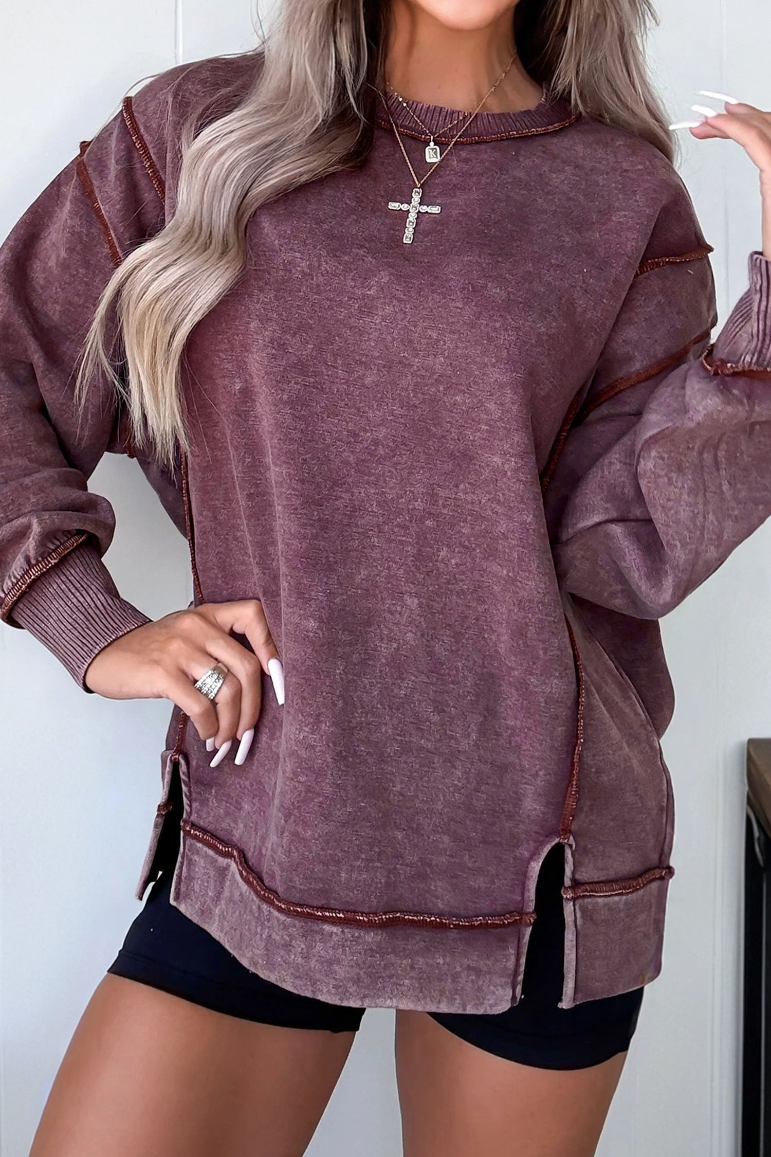 Valerian Mineral Wash Exposed Seam Side Slit Sweatshirt
