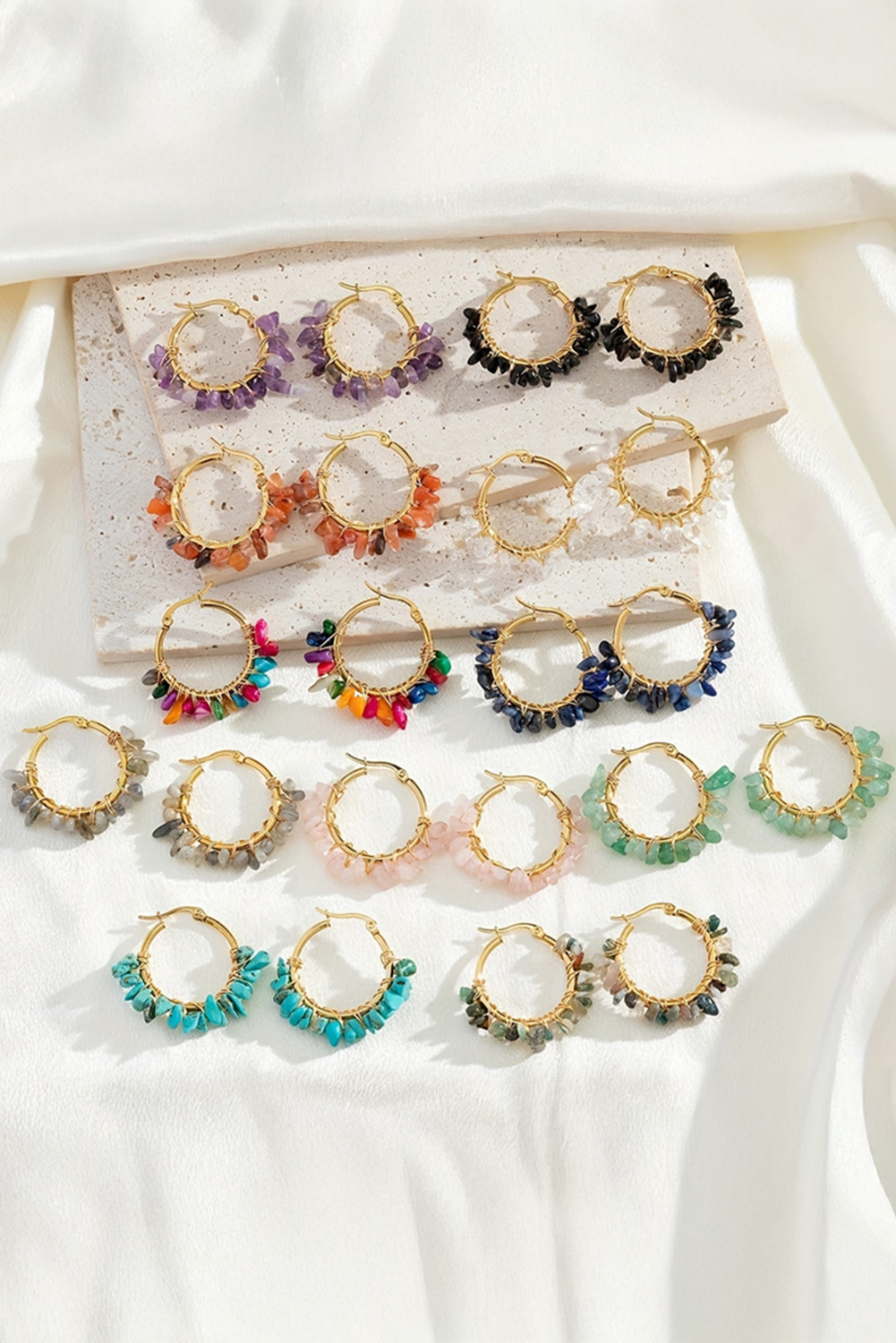 Turquoise Irregular Stone Beading Golden Plated Hoop Earrings