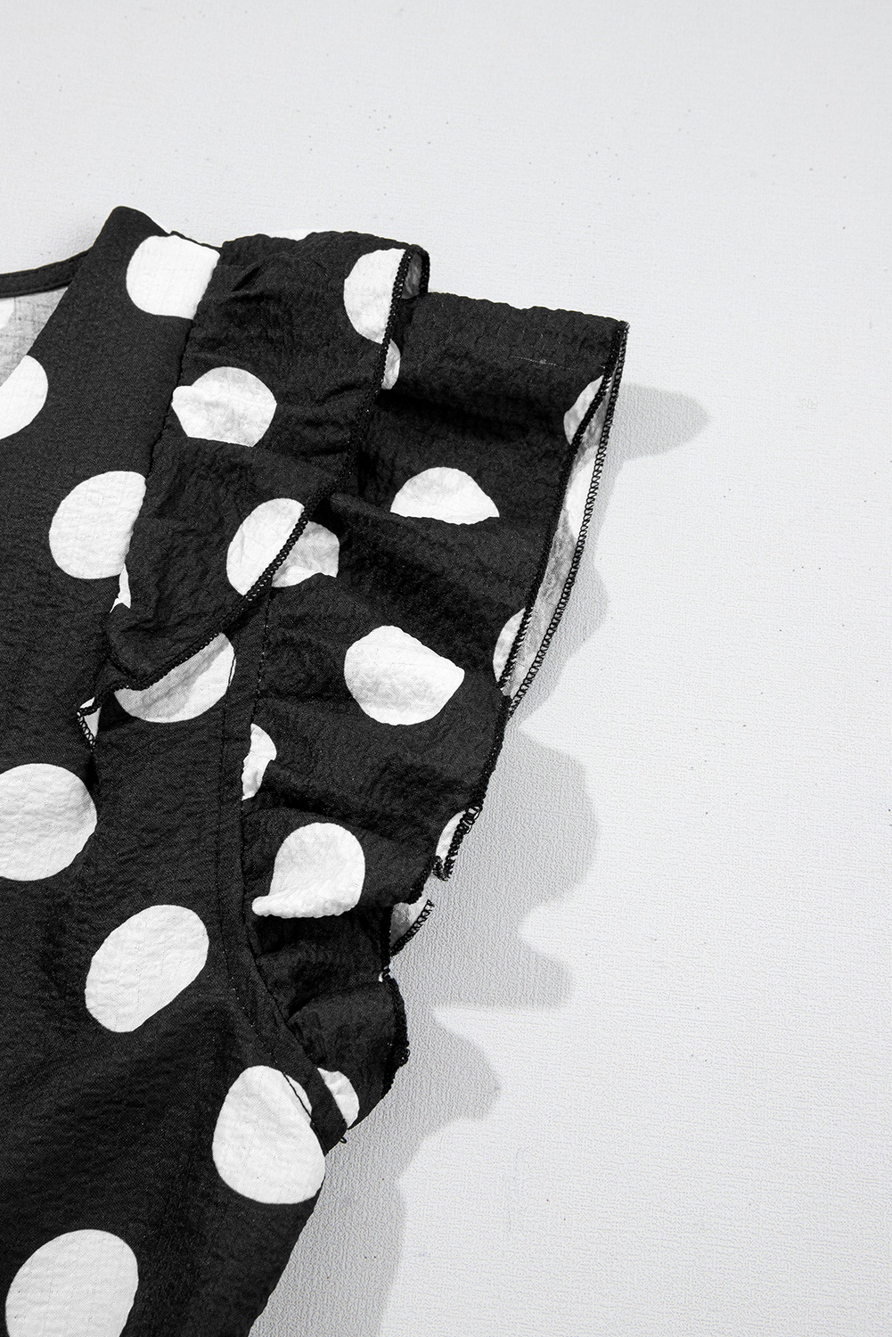 Black Polka Dot Print Ruffled Sleeve V Neck Blouse