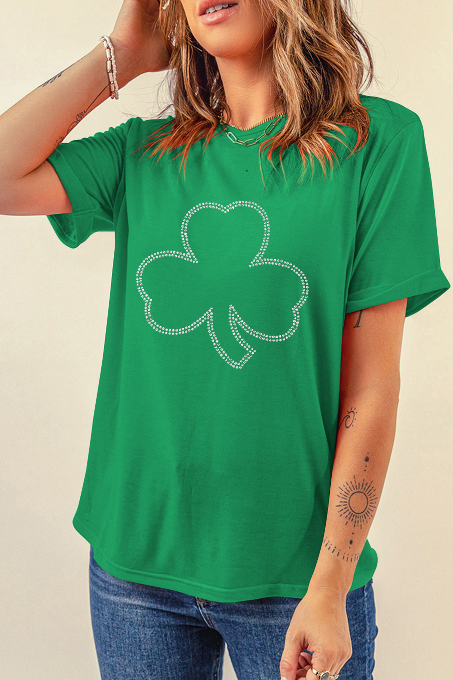 Bright Green Rhinestone Clover St Patricks Day T Shirt