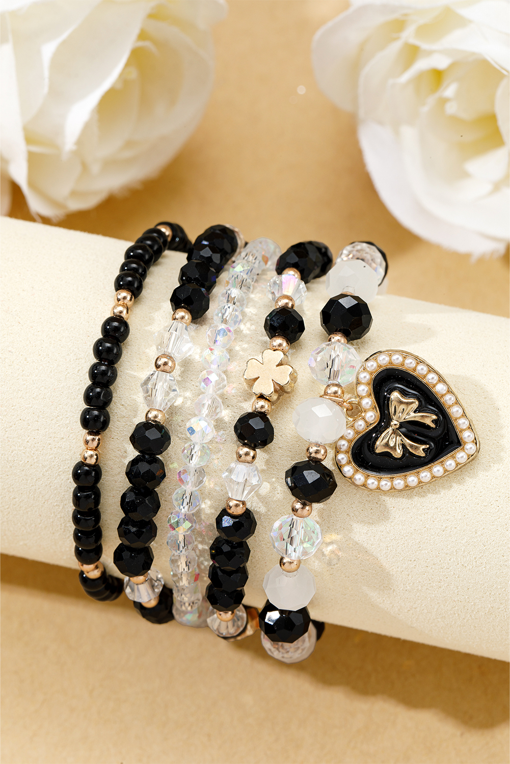 Black Heart Pendant Beaded Layered Bracelets