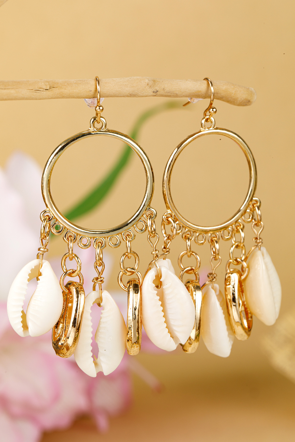 Gold Seashell Charm Hoop Dangle Earrings