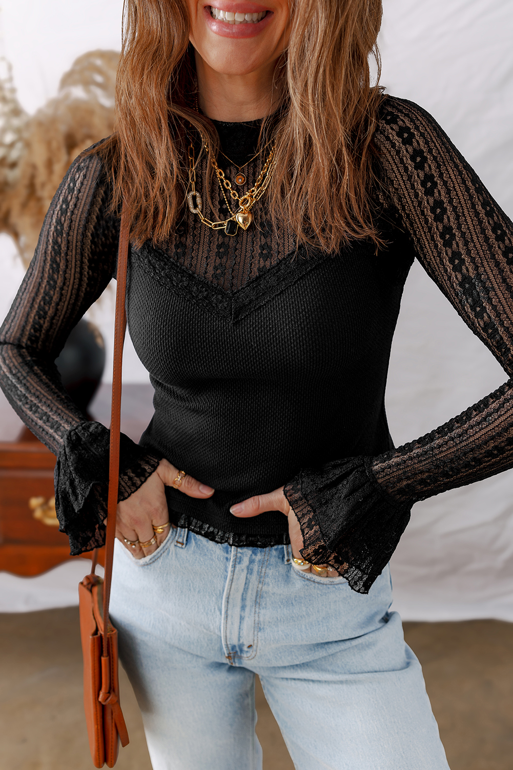 Black Lace Patchwork Flounce Sleeve Slim Fit Top